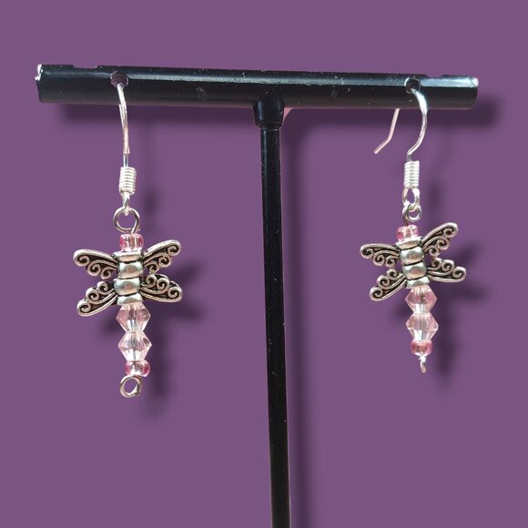 Silver-Toned Dragonfly Dangle Earrings with Pink Crystal Beads - Picture 3 of 11